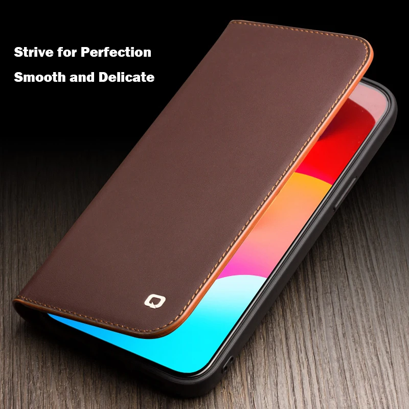 QIALINO Genuine Leather Flip Case for iPhone15 Plus Bracket Handmade Business Cover with Card Slots for iPhone15 Pro Max/15 Pro