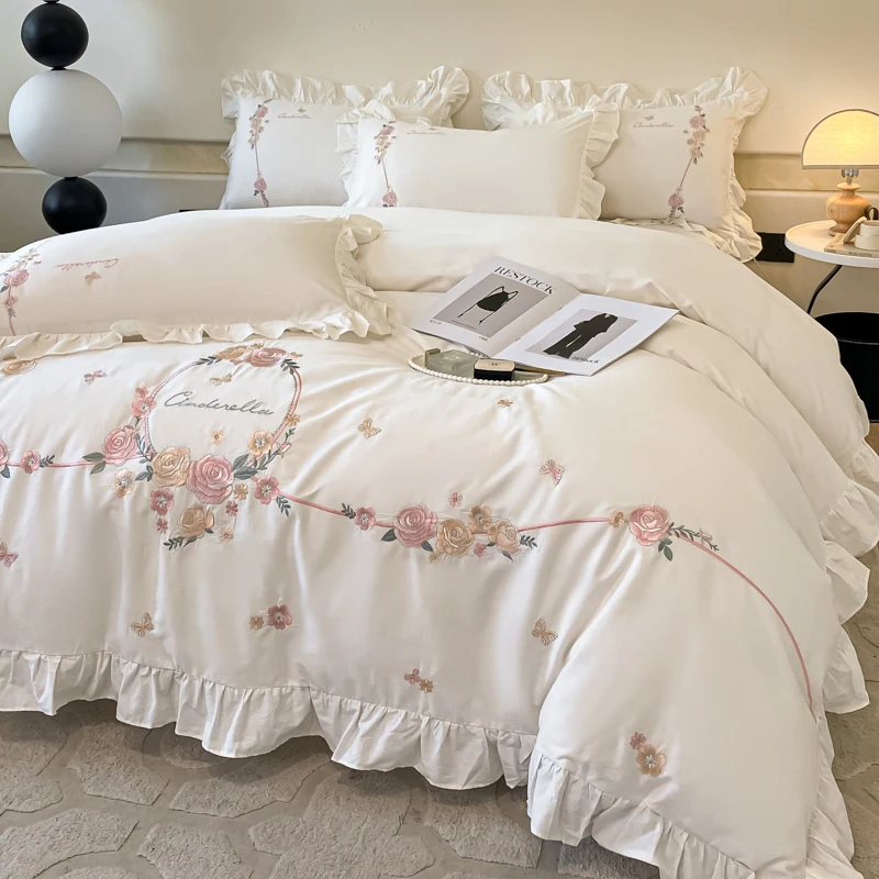 

100% Cotton Flowers Embroidery Duvet Cover Sets Luxury Pure White Princess Bedding Set Fitted Bed Sheet Pillowcases Home Textile