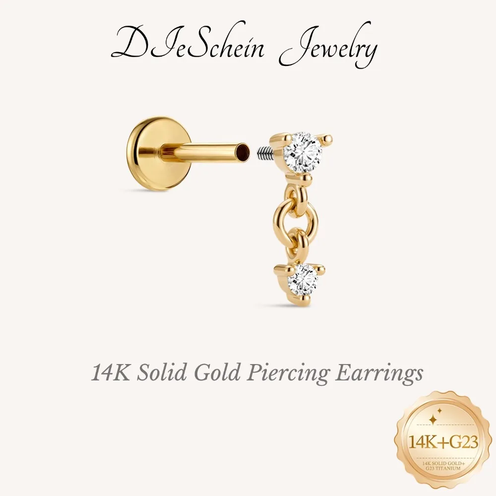 DIeSchein 14K Solid Gold Flat Back Stud Earring Women Chain Piercing Stud Earring Stud Internal Thread Earring for Gils Gifts