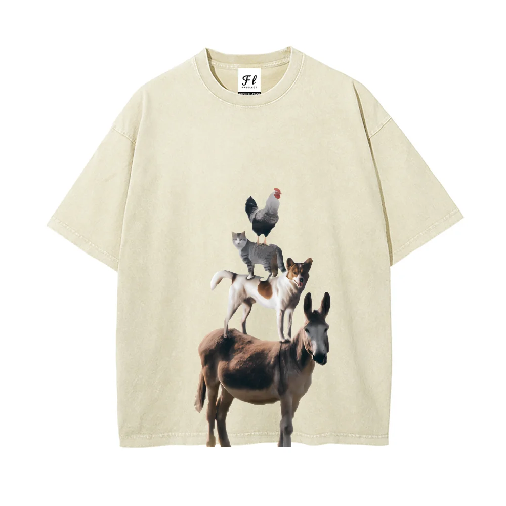 夏用ベージュカジュアルTシャツ　楽しい動物スタックグラフィック　トレンドルーズ半袖ラウンドネックトップス　快適ストリートウェア