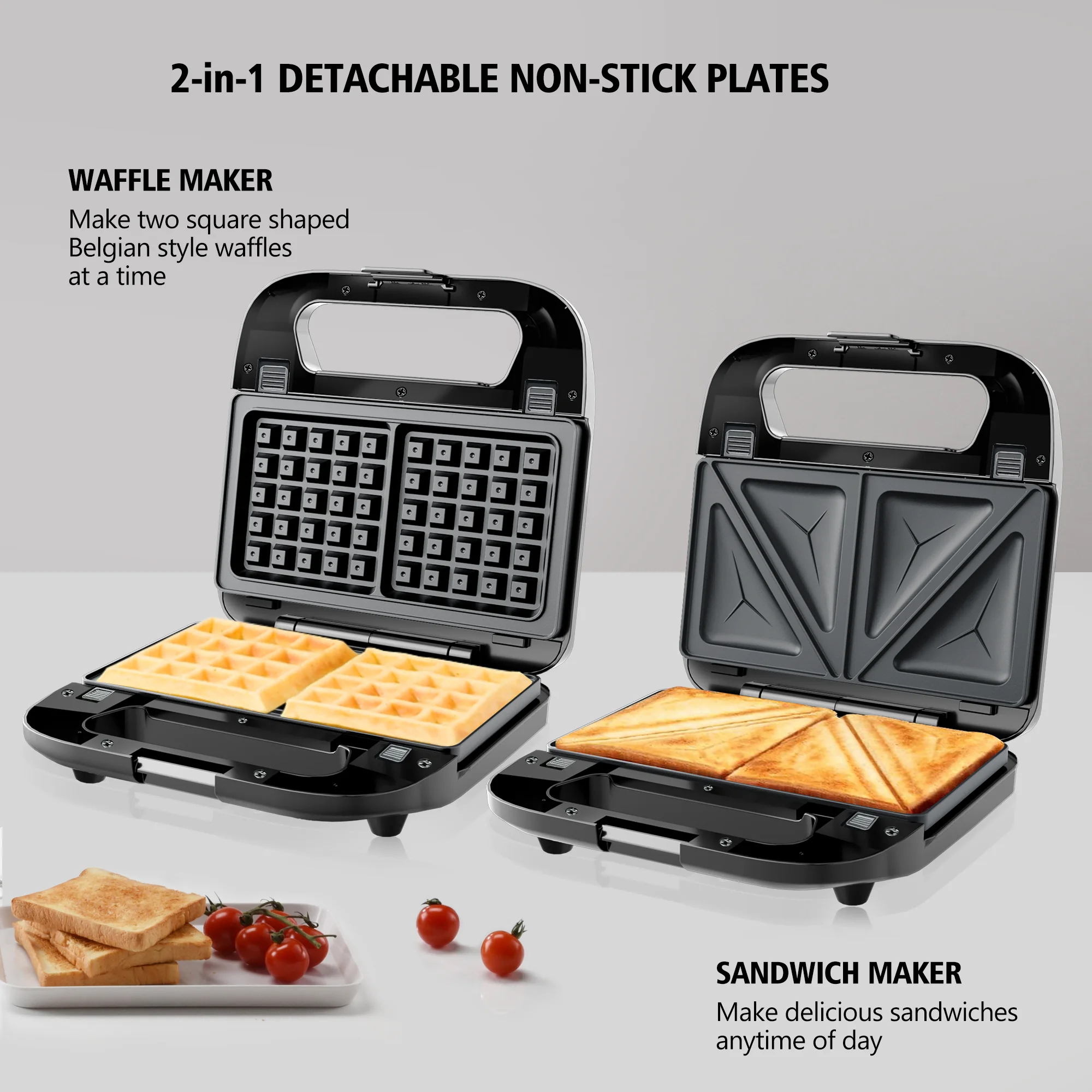 2 in 1 Waffle Maker & Sandwich Maker with Non-stick Coating Plate, Easy to Clean, 750W Heating Up Fast