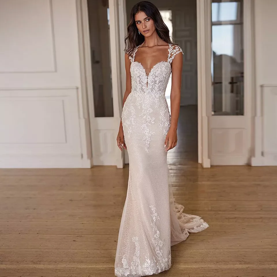 V-neck Mermaid Wedding Dresses for Women Cap Sleeves Button Lace Appliques Backless Tulle Bridal Gown Robe De Mariee for Brides
