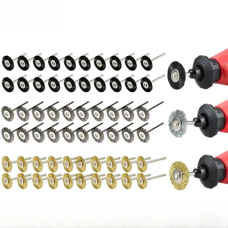 CMCP 10/20 pièces jeu de brosses à roue métallique 22mm outils de polissage en laiton/acier/Nylon tige de 3.0mm pour accessoires Dremel outil rotatif