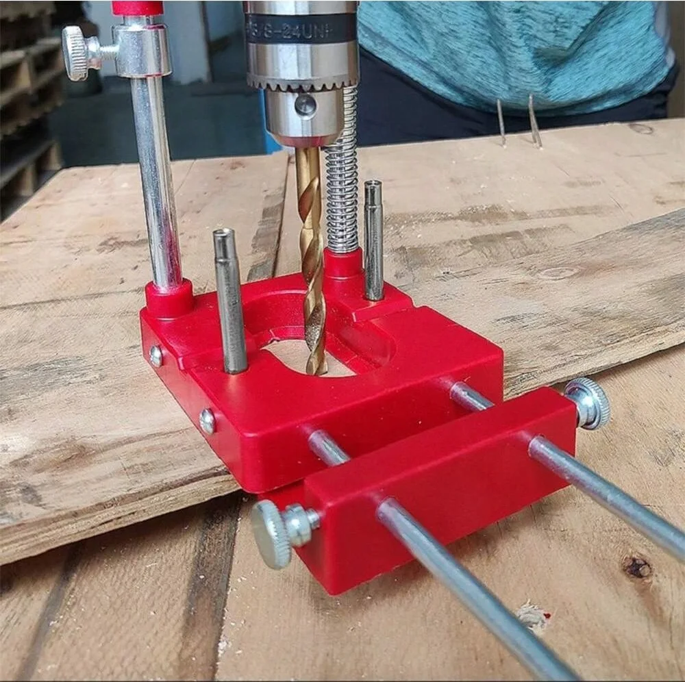 Woodworking Drill Locator Adjustable Punch Locator Hole Drill Guide Drilling Template Guide Tool Alloy Steel Bar Plastic Base