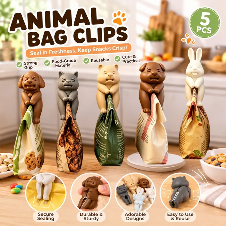 3D Animal Snack Bag Clips 1/5 Pack, Cute Dog Rabbit Cat Bear Food Sealer Clips, Moisture Proof for Kitchen Gift
