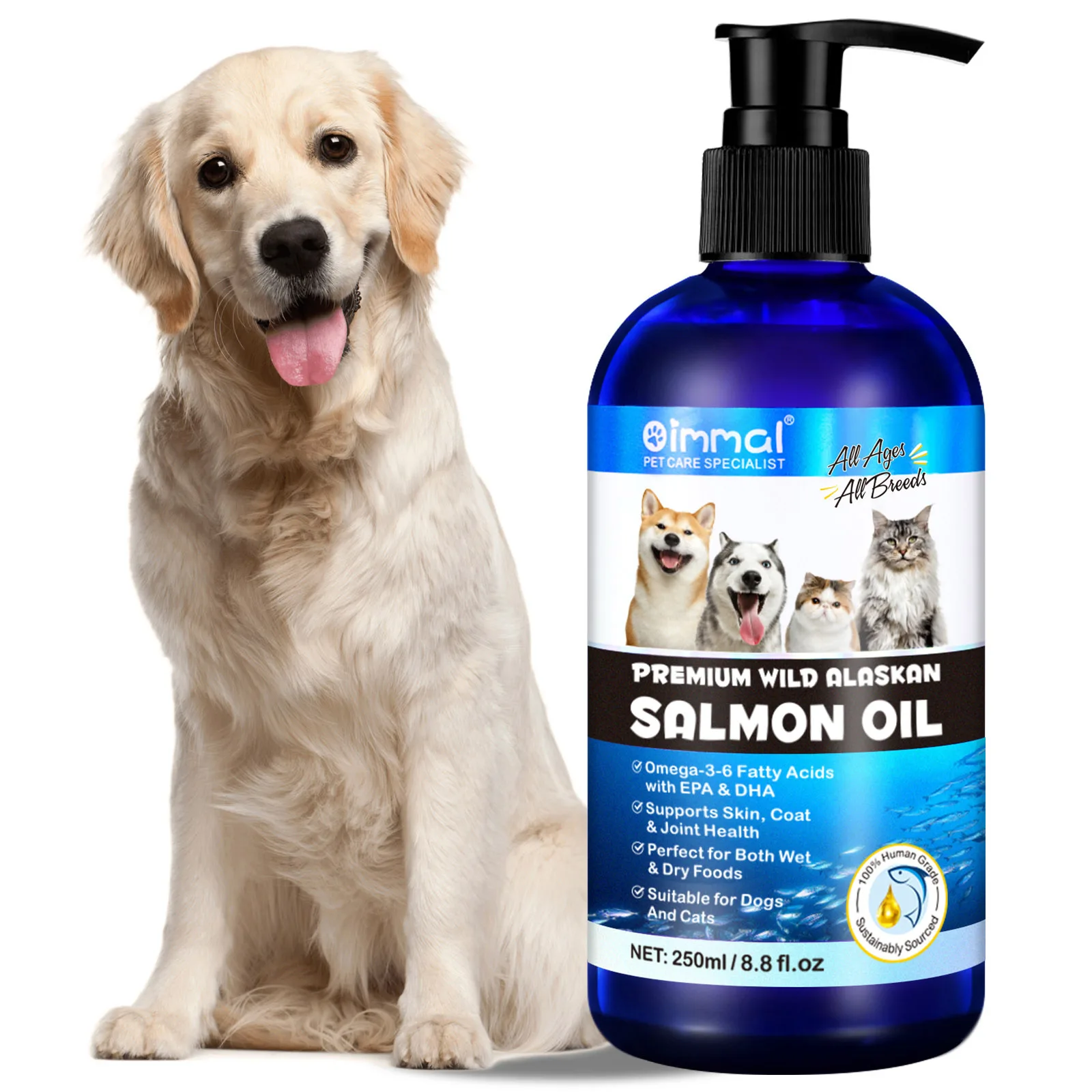 Premium Wild Alaskan Salmon Oil Omega-3-6 Fatty Acids with EPA DHA Supports Skin Coat Joint Health for All Ages Breeds Dogs Cats