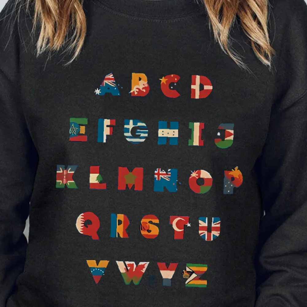 플래그 알파벳 운동복 글로벌 문자 인쇄 가을 겨울 캐주얼 느슨한 긴 소매 독특한 문화 유행 천상의