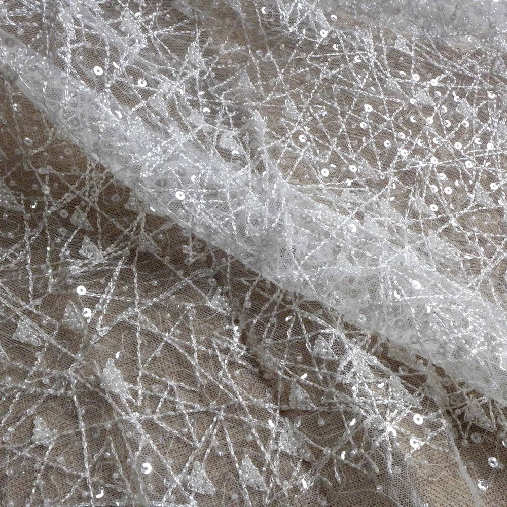HelluyerDc Off white beaded lace fabric,simple embroidery for wedding prom dress fabric by the yard,can be use as lining