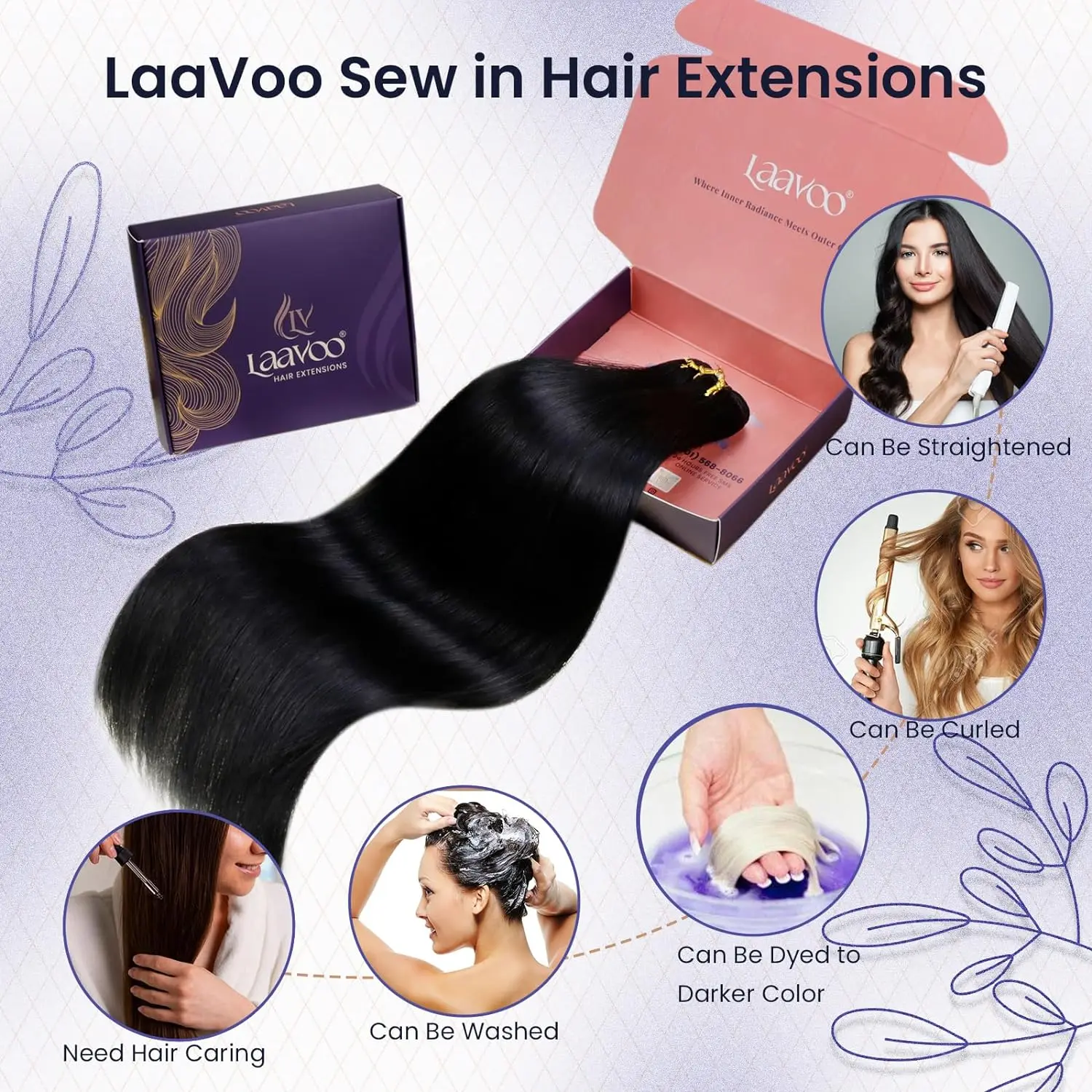 LaaVoo Natural Sew in Hair Weft 100% Real Brazilian Hair Straight 100% Human Weavings Double Weft Bundles Remy Hair Extensions