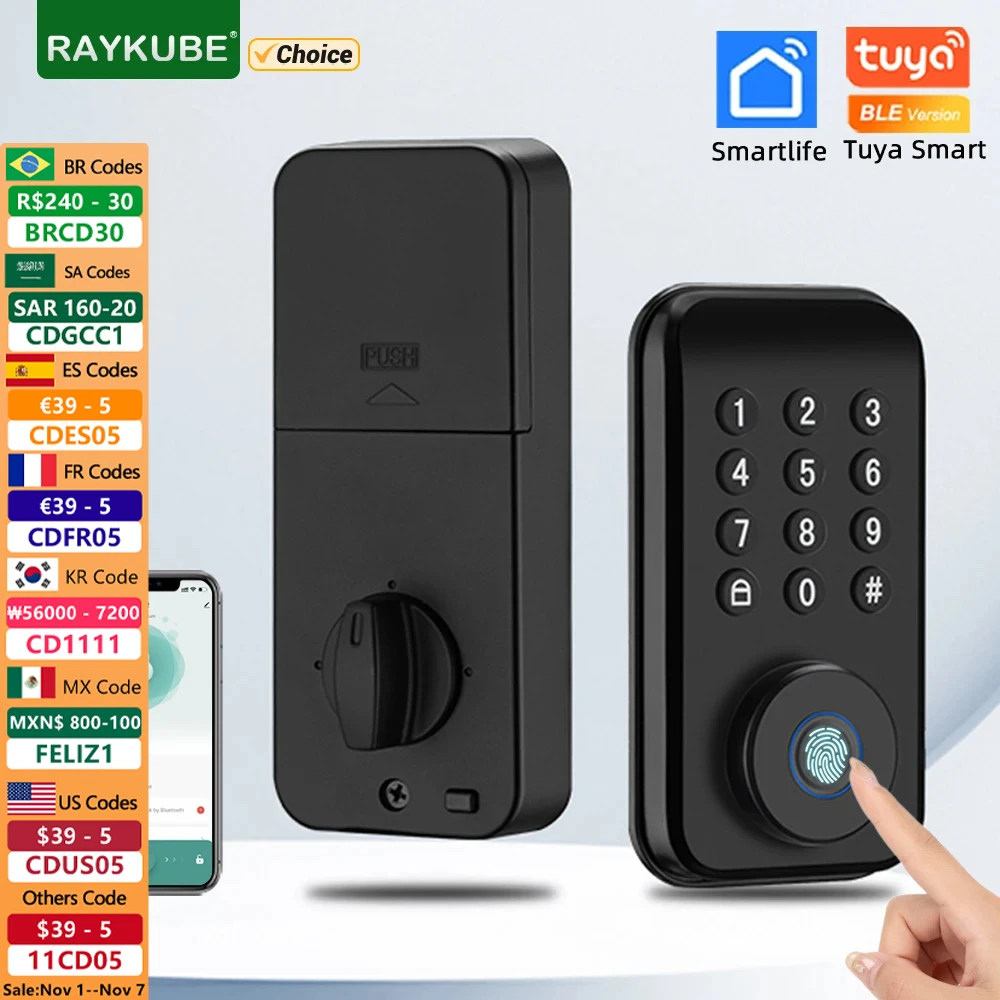 

RAYKUBE DS02 Tuya Smart Fingerprint Deadbolt Lock with Latch/Door Sensor Auto Lock Key/Password/ Tuya Smartlife APP Unlock