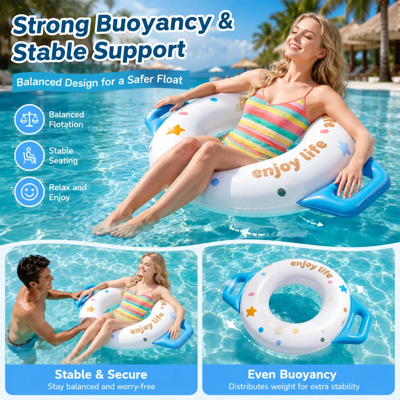 1PC Inflatable Swim Ring Adult Pool Float with Dual Handles Heavy Duty PVC Water Hammock Lounger for Pool Beach Summer