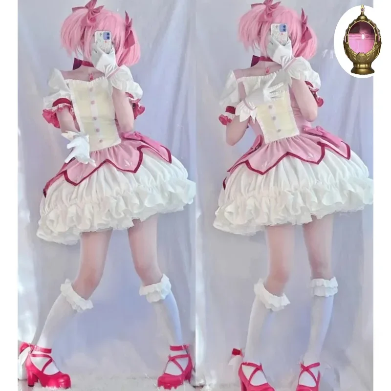 Puella Magi Madoka Magica przebranie na karnawał peruka halka buty Kaname Madoka różowa krótka sukienka balowa impreza z okazji Halloween jednolity strój — zdjęcie 2