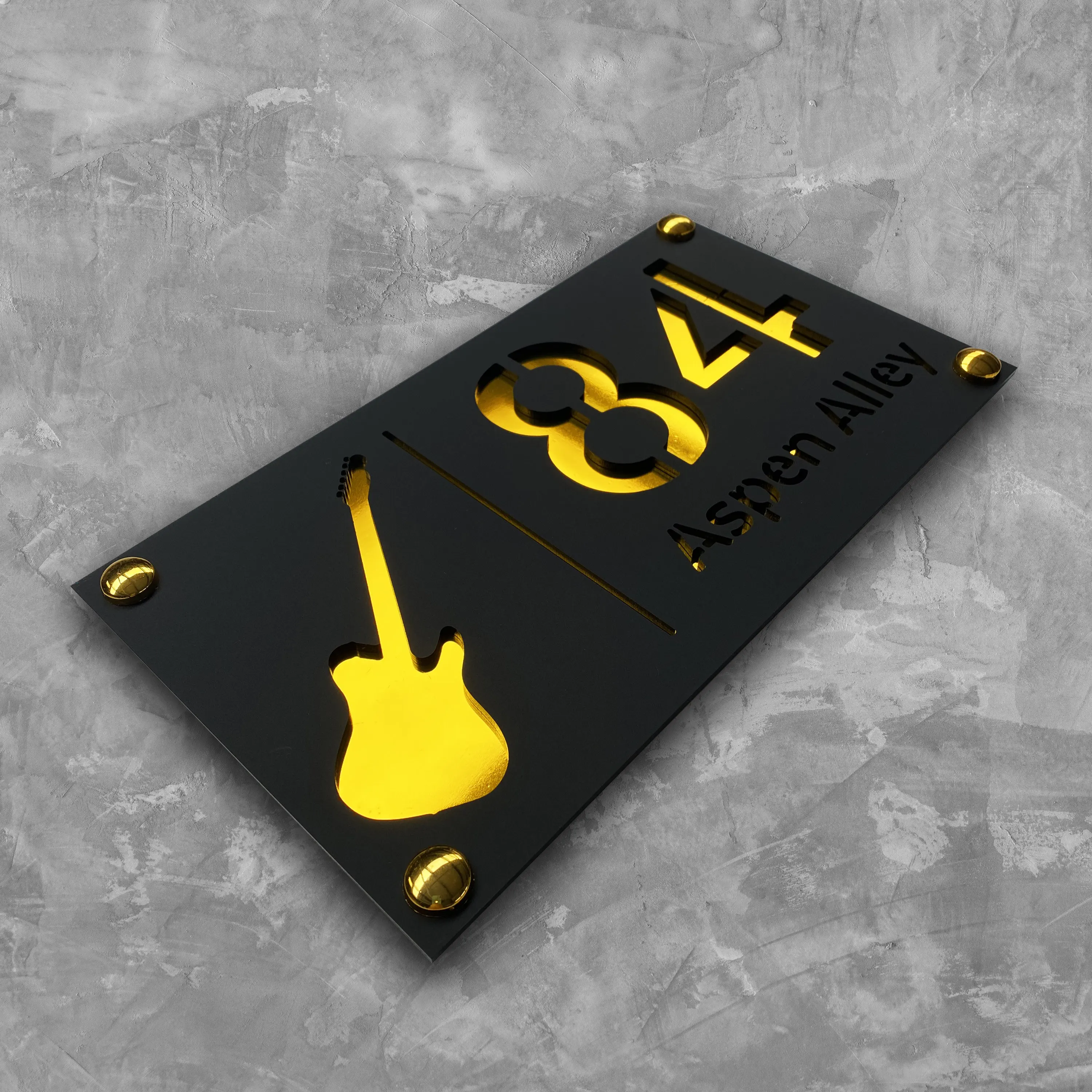 

Musical Guitar House Number and Name Wall Plaque Precision Cut Sign Matt Mirror With Caps Address Sign 30cm x 16cm / 40cm x 20cm