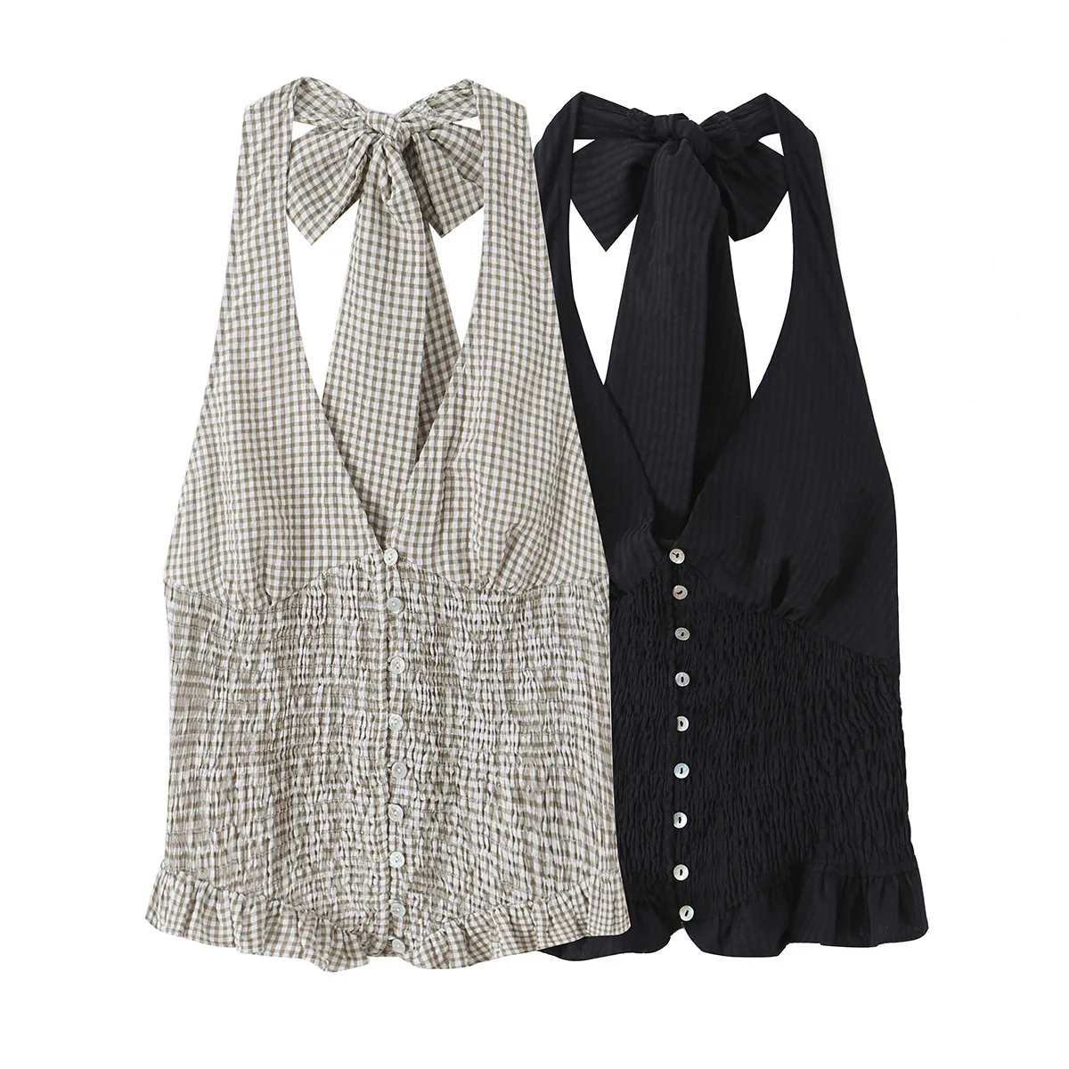 Y2K Halter Backless Crop Top Women Sexy V Neck Smocked Ruched Vest Summer Gingham Plaid Tie Back Shirt Tops Casual Vestidos