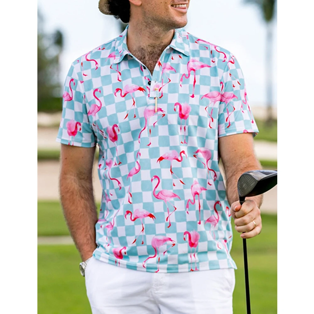 Men's Polo Shirt Golf Button Up Fashion Lapel Clothes Breathable Soft Short Sleeve Top Flamingo Summer Spring Golf Badminton