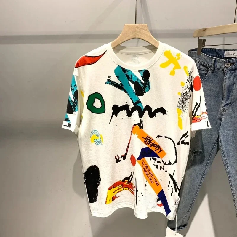 T-shirt manches courtes col rond pour homme, ample, minimaliste, décontracté, assorti avec tout, avec lettres imprimées épissées, nouvelle collection été 2024