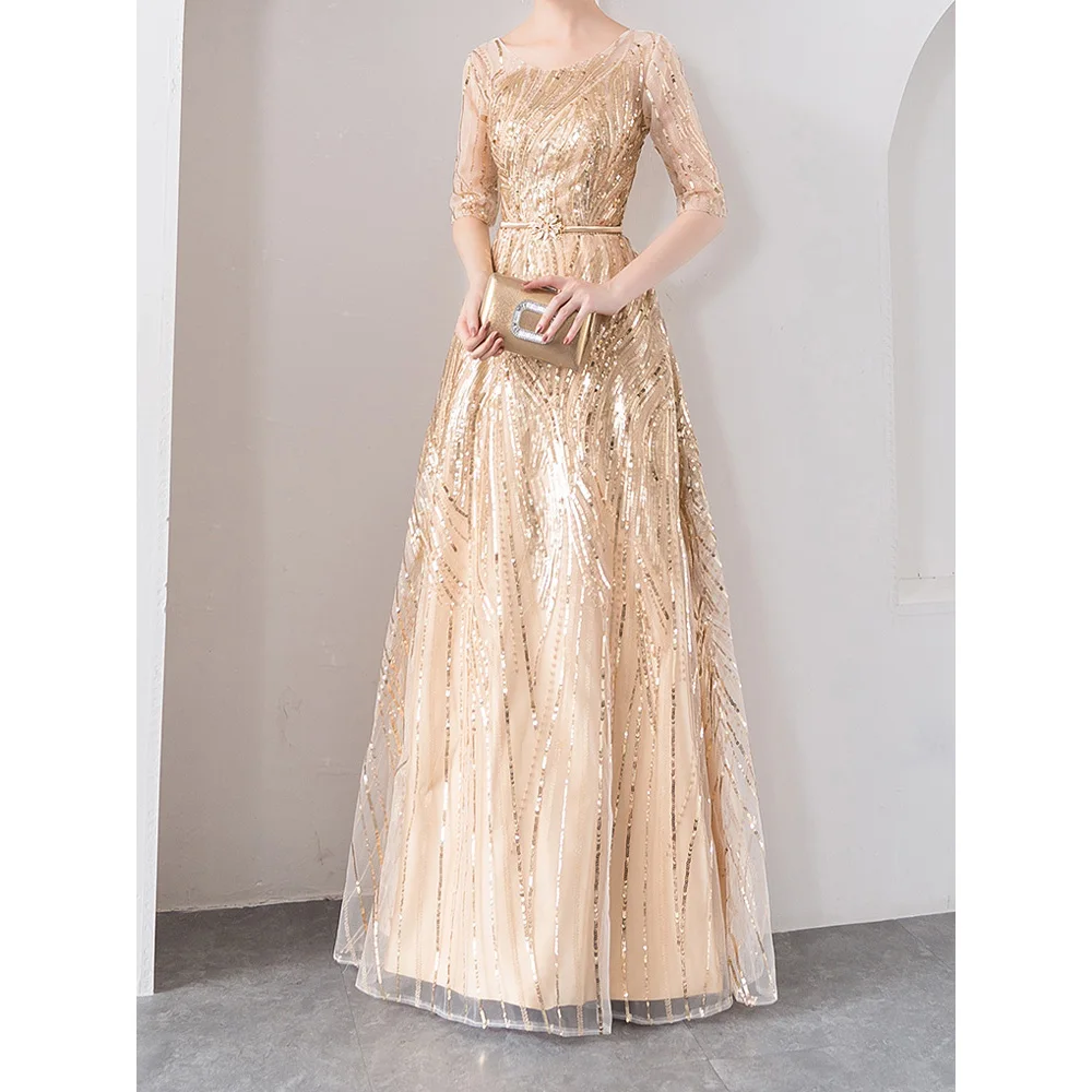 Light Gold Mother of the Bride Dress Scoop Half Sleeves Lace-up Back Floor Length Long Gowns