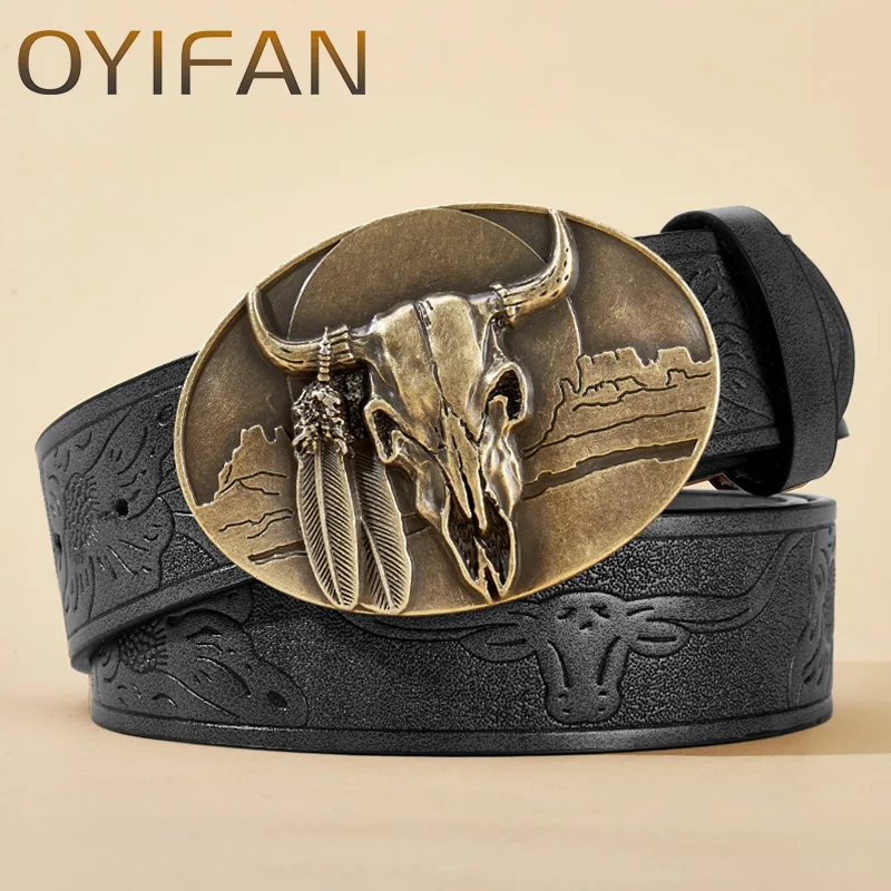 Western Cowboy PU Leather Belt - Men Waist Strap Bull Decoration Floral Engraved for Jeans