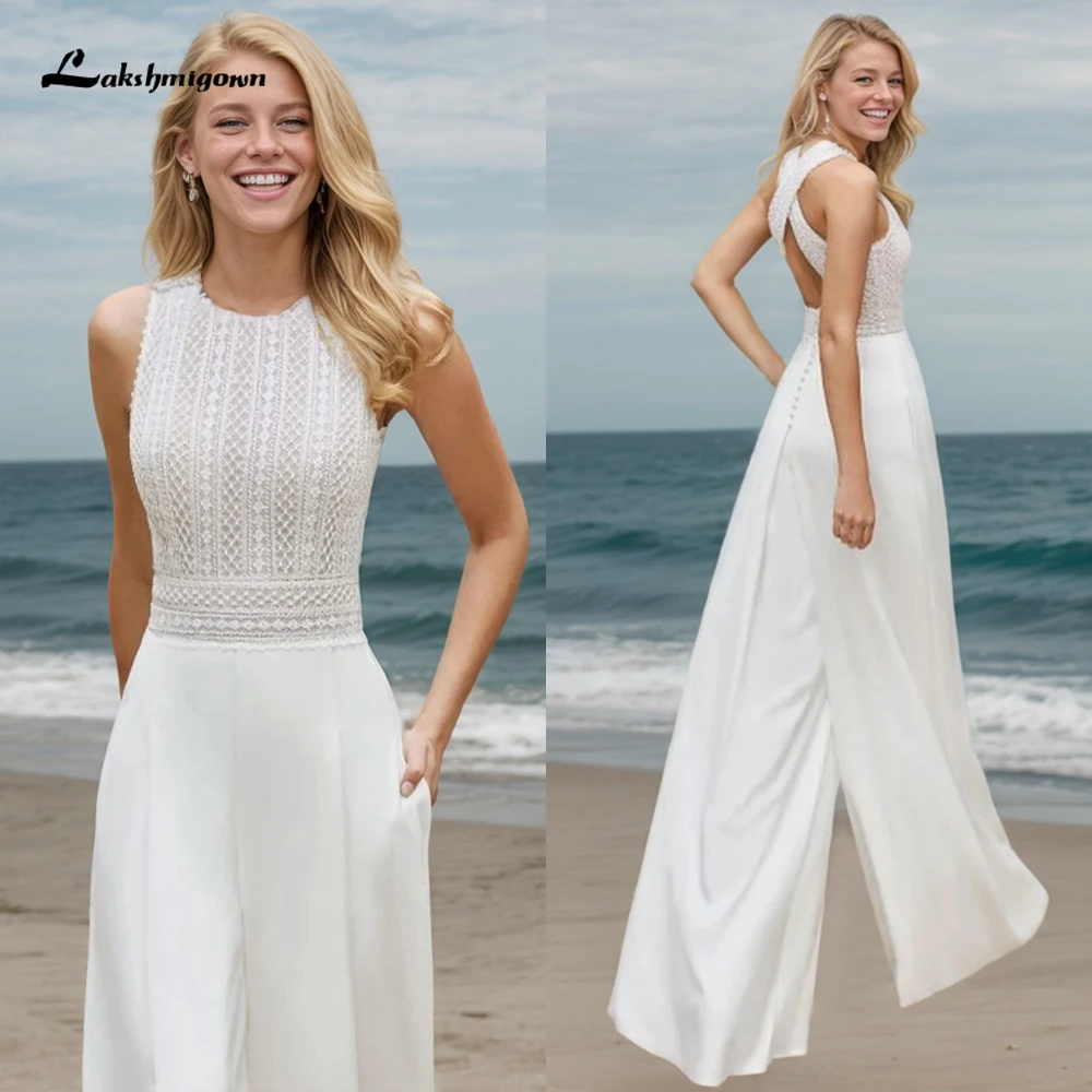 Boho O 넥 레이스 탑 섹시한 블랙리스 버튼 점프 슈트 비치 웨딩 드레스 여성을위한 맞춤형 신부 가운 vestidos de novia robe