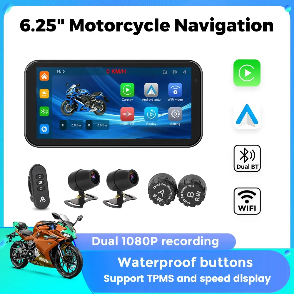 6,25-Zoll-Motorrad-GPS-Navigationssystem mit BT Wireless Carplay Android Auto Display Touchscreen IP67 Wasserdichter Multimedia-Player