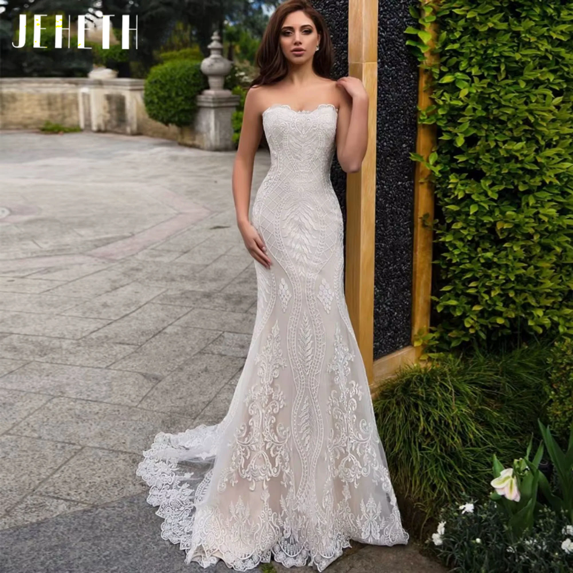 

JEHETH Sexy Lace Appliques Mermaid Wedding Dress Elegant Tulle Sweetheart Slim-Line Sleeveless Floor Length Gown Customized