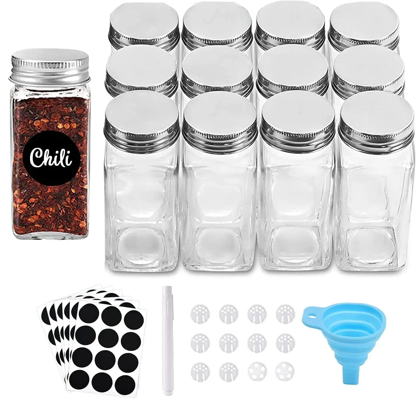 

12 Pcs Glass Spice Jars/Bottles - 4oz Empty Square Spice Containers with Blank Sticker and Airtight Metal Caps with Shaker Lids