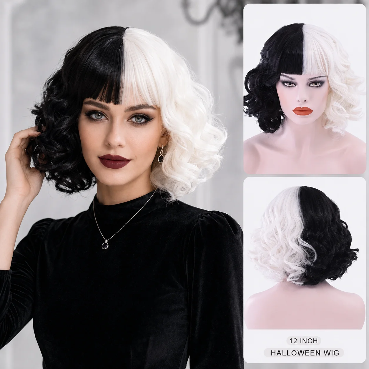Cruella De Vil Black White Two-Tone Half-Up Synthetic Curly Wig 150% Density Wavy Design Vintage Vampire Gothic Style for Halloween Parties Easy Care Unisex