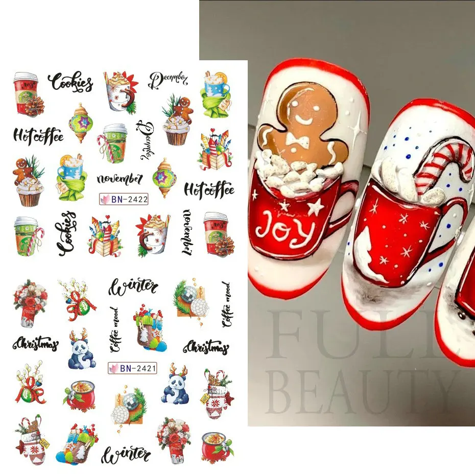 Christams Gingerbread Nails Stickers Xmas Bells Holly Water Sliders Sweet Coffee Cake Design Winter Decals Manicure BN2413-2424