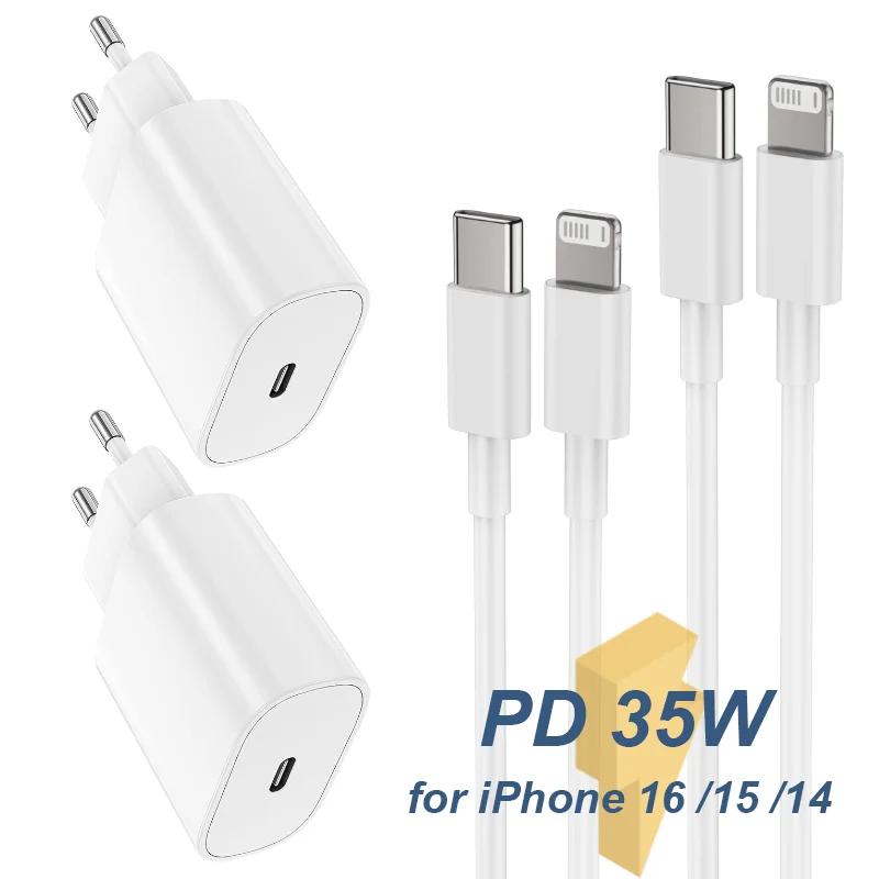 

35W USB-C PD Fast Charger Cable for iPhone 16 15 14 13 12 11 Pro Max Plus Dual Type-C Fast Charging Cable EU Plug Wall Chargers