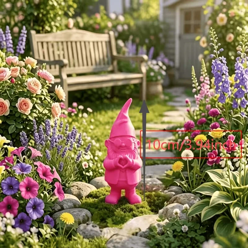 Pink Heart-Shaped Garden Elf Statues, Dwarf Statues Wearing Playful Sunglasses, and Holding Heart-Shaped Garden Decorations