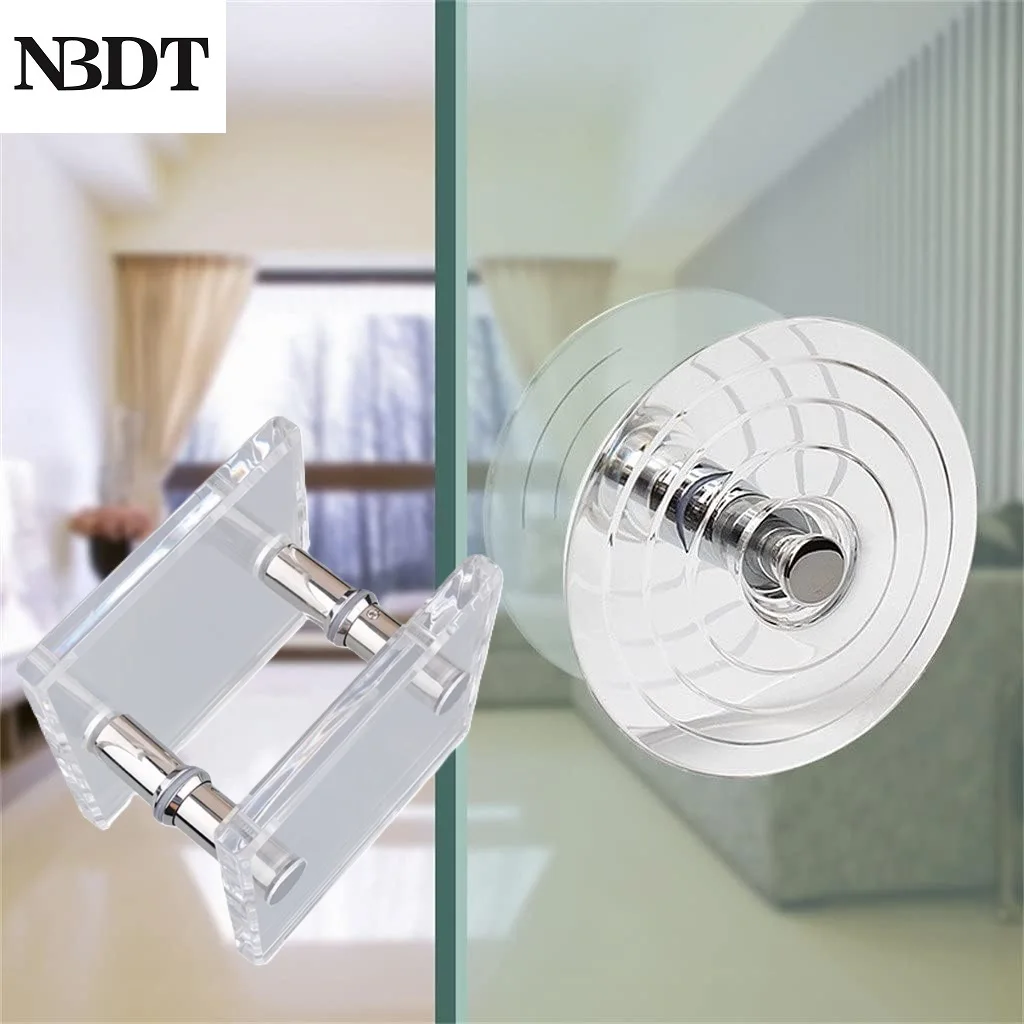 1Pc Round Square Clear Acrylic Crystal Glass Door Handle Pull Back-To-Black Mount Commerical Entrance