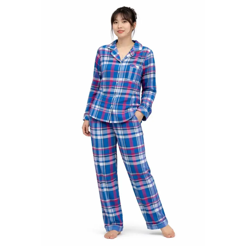 

Женский пижамный комплект в синюю клетку, пижама с длинными рукавами на пуговицах, мягкий хлопковый комплект для отдыха, уютная ночная одежда, размеры S/M/L