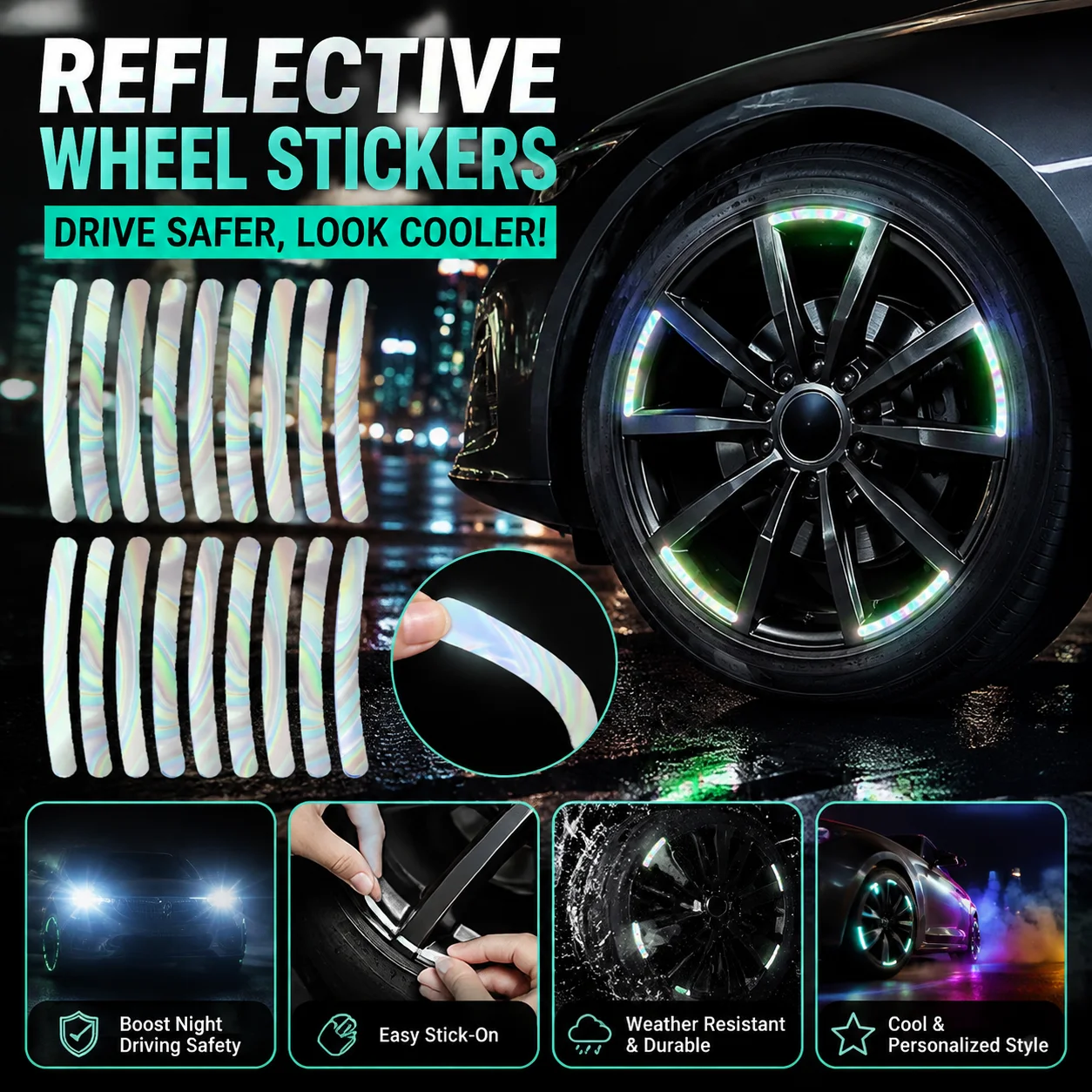 Car Wheel Reflective Stickers Rainbow Iridescent Rim Decal Night Safety Warning Decor for Auto Motorcycle Wheel Hub