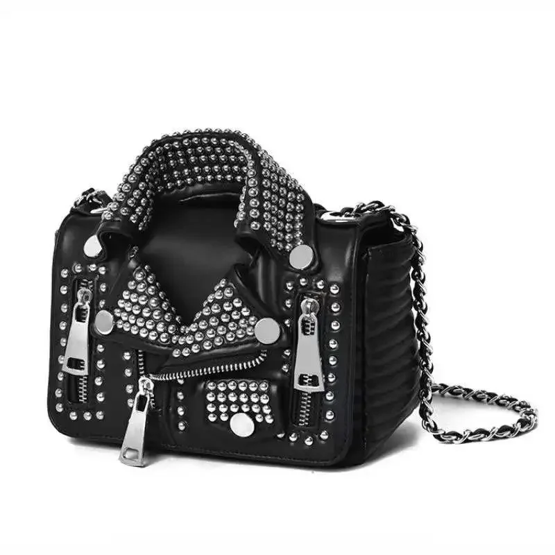 Luksusowi projektanci kobiety skórzane torby rękodzieło nitowana kurtka kształt Punk Style Messenger torby dziewczyny torba na ramię Crossbody silnika — zdjęcie 2