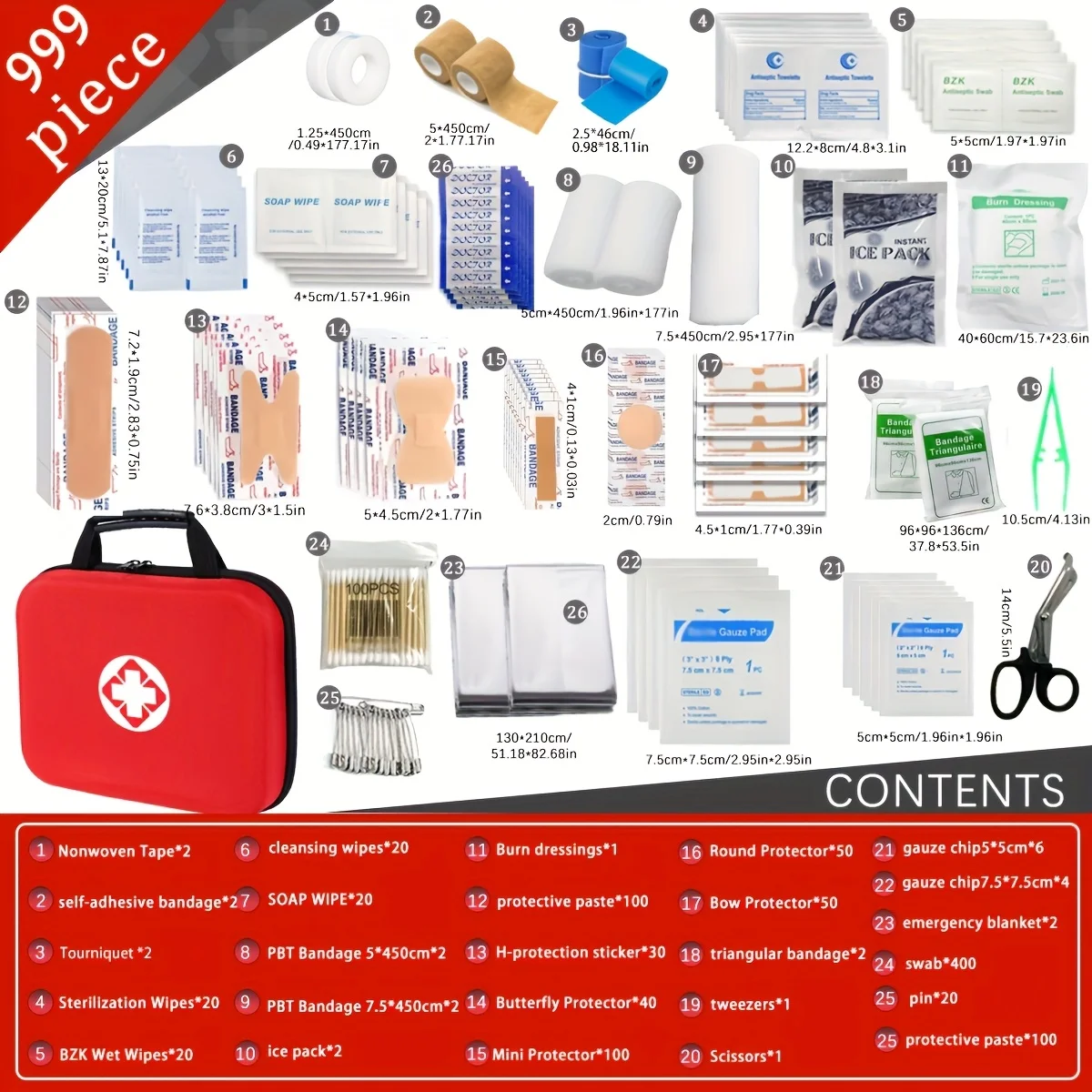 999Pcs Red Portable First Aid Kit, Multi-purpose Survival Emergency Set for Hiking, School, Car, Home & Outdoor Camping