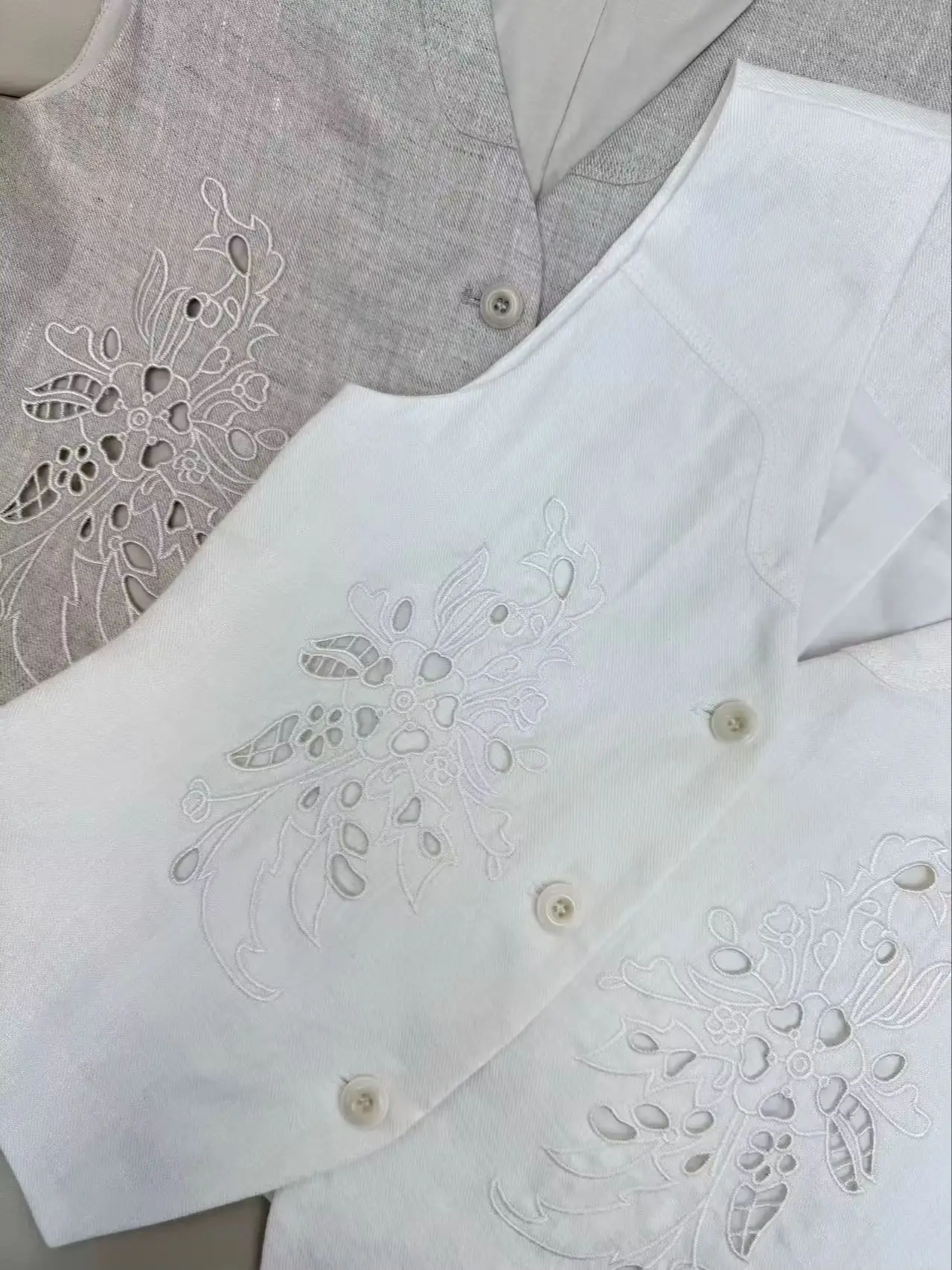 Elegant linen embroidered sleeveless vest and elastic waist wide leg trouser suit view 5