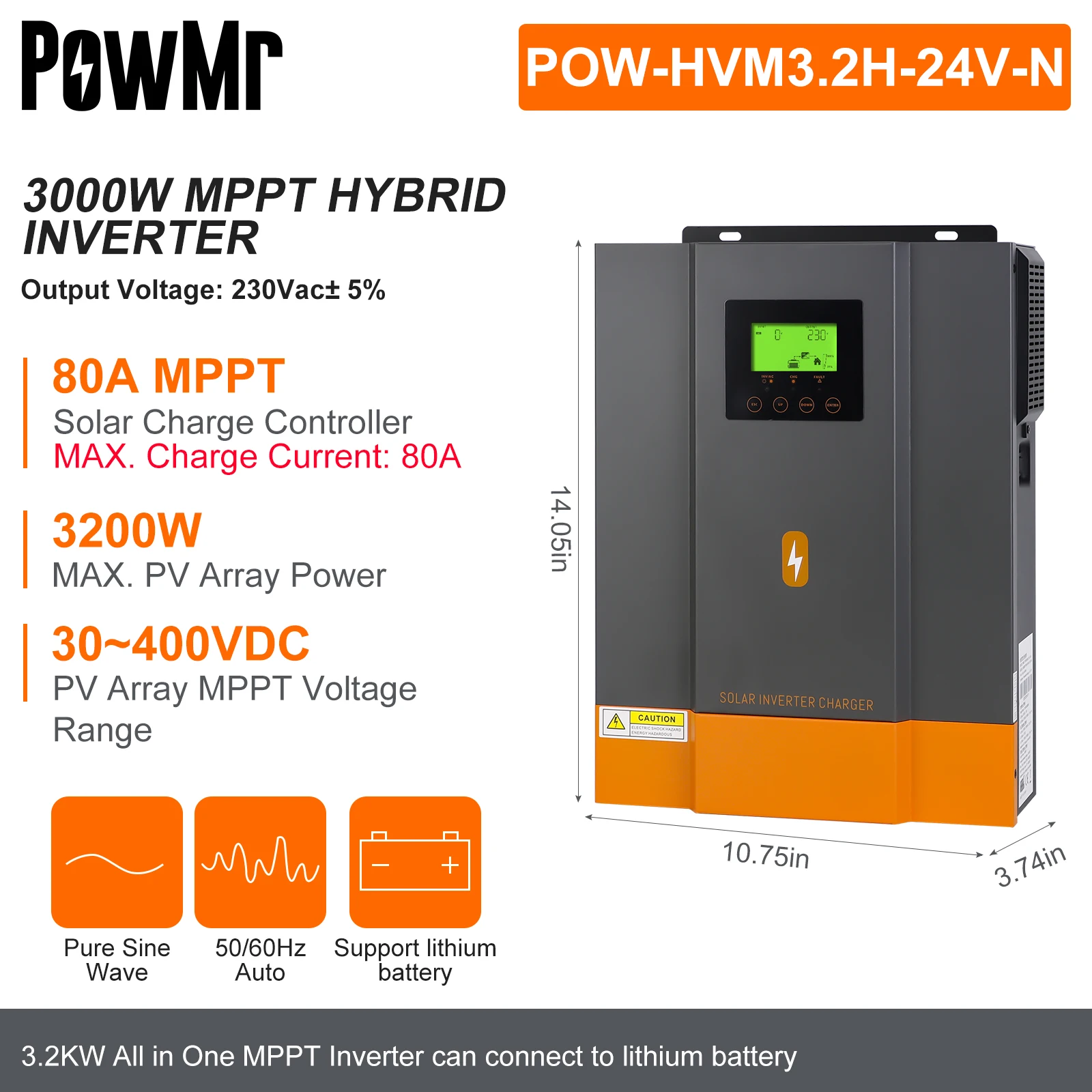 PowMr 3.2KW 24V Hybrid Solar Inverter 12V 220V Pure Sine Wave 80A MPPT Solar Charge Controller Charges Lithum Battery With WIFI