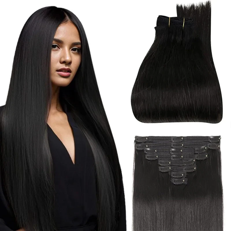 

Straight Clip in Hair Extensions Full Head Natural Black #1B