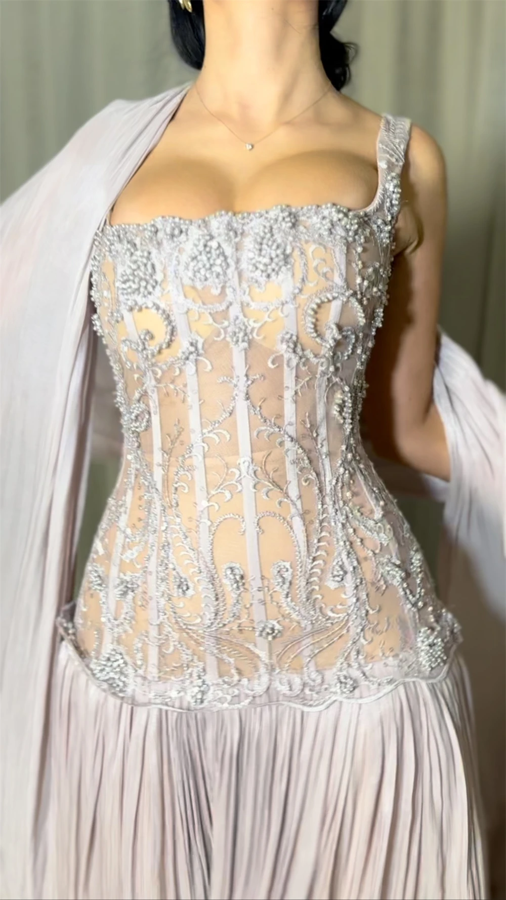 Sansa personalizado empoeirado lilás a linha beading plissado vestido de baile com xale sem mangas vestidos de noche até o chão vestido formal