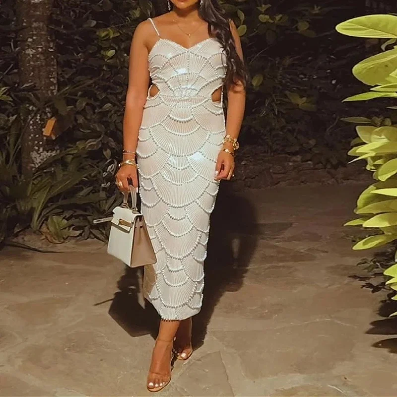 Feestjurk Jurk Vrouwen Sling Lange Jurken Sexy Pailletten Vestidos Mouwloze Avond Y2k Nacht Witte Bruiloft Bodycon Streetwear - afbeelding 2