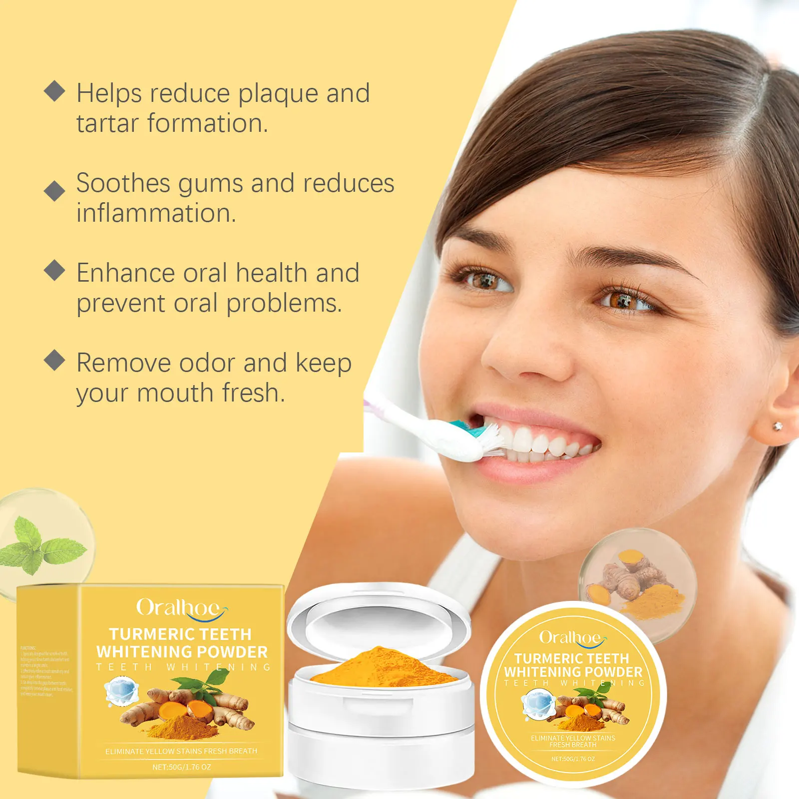 Oralhoe 50g cúrcuma dentes limpeza em pó remover mancha tártaro iluminar dentes amarelos hálito fresco dentes branqueamento creme dental