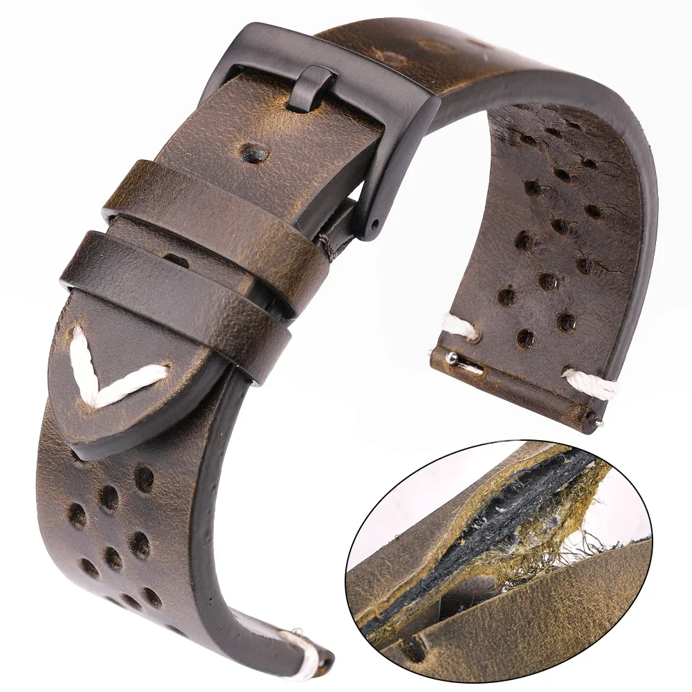 Oddychający pasek do zegarka z prawdziwej skóry z mechanizmem szybkiego uwalniania 18mm-24mm pasek ze skóry bydlęcej dostępny czarny zielony brązowy żółty paski do zegarków unisex — zdjęcie 2