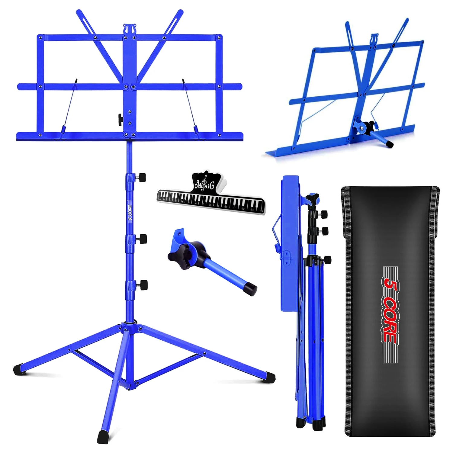 

5 Core Sheet Music Stand 2in1 Dual Use Portable Adjustable 28-67 Inch Folding Music Note Holder MUS FLD 4S BLU