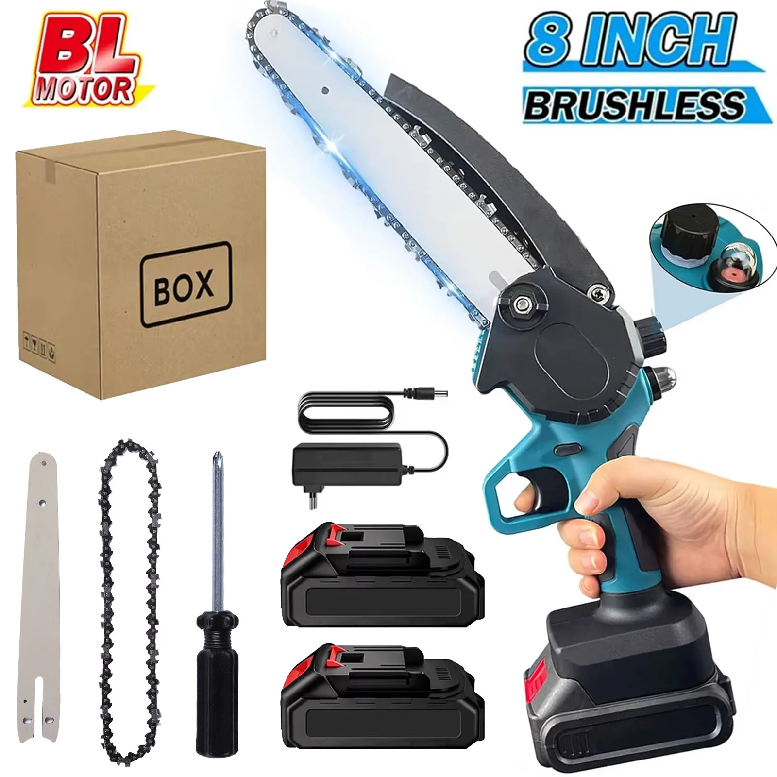 Image of 8-Zoll-Akku-Elektrokettensäge, leistungsstarke Baumsäge, Holzbearbeitungs- und Garten-Trimmgerät, Elektrowerkzeug für Makita 21V Akku