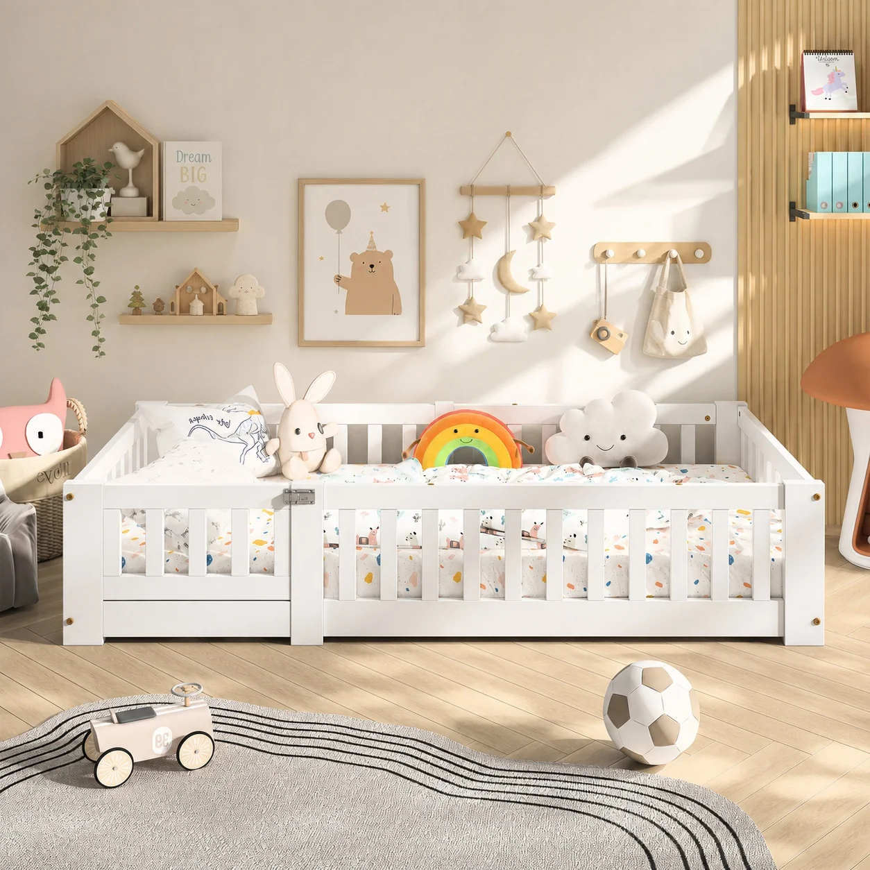 Cama infantil de suelo 80x160/90x190/120x200cm con barrera de seguridad, cama Montessori de pino macizo blanco, marco de cama con listones para dormitorio infantil