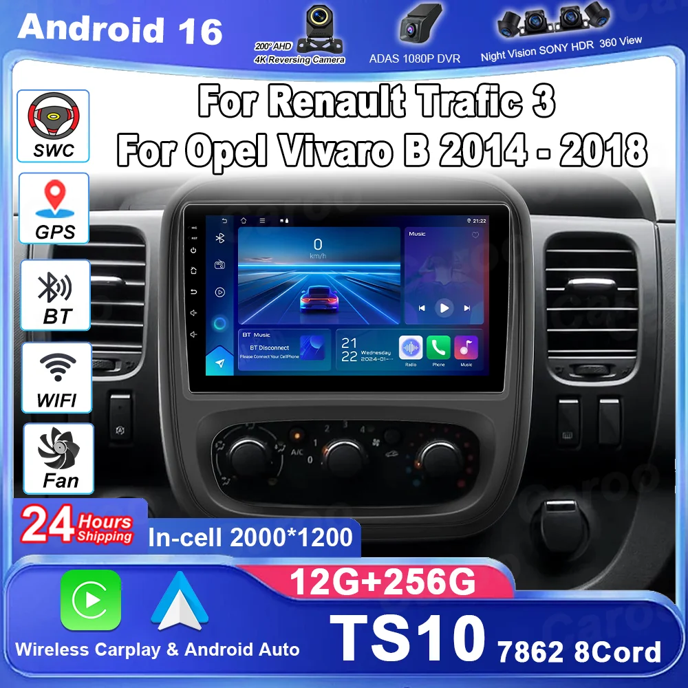 For Renault Trafic 3 For Opel Vivaro B 2014-2018 Android 16 Car Radio Multimedia Video Player Carplay Touch Screen Wifi 4G DVD