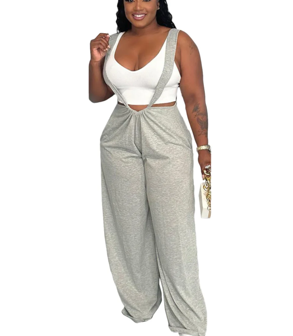 Women's Suspender Overalls Loose High Waist Back Tie Wide Leg Pants Casual Jumpsuit