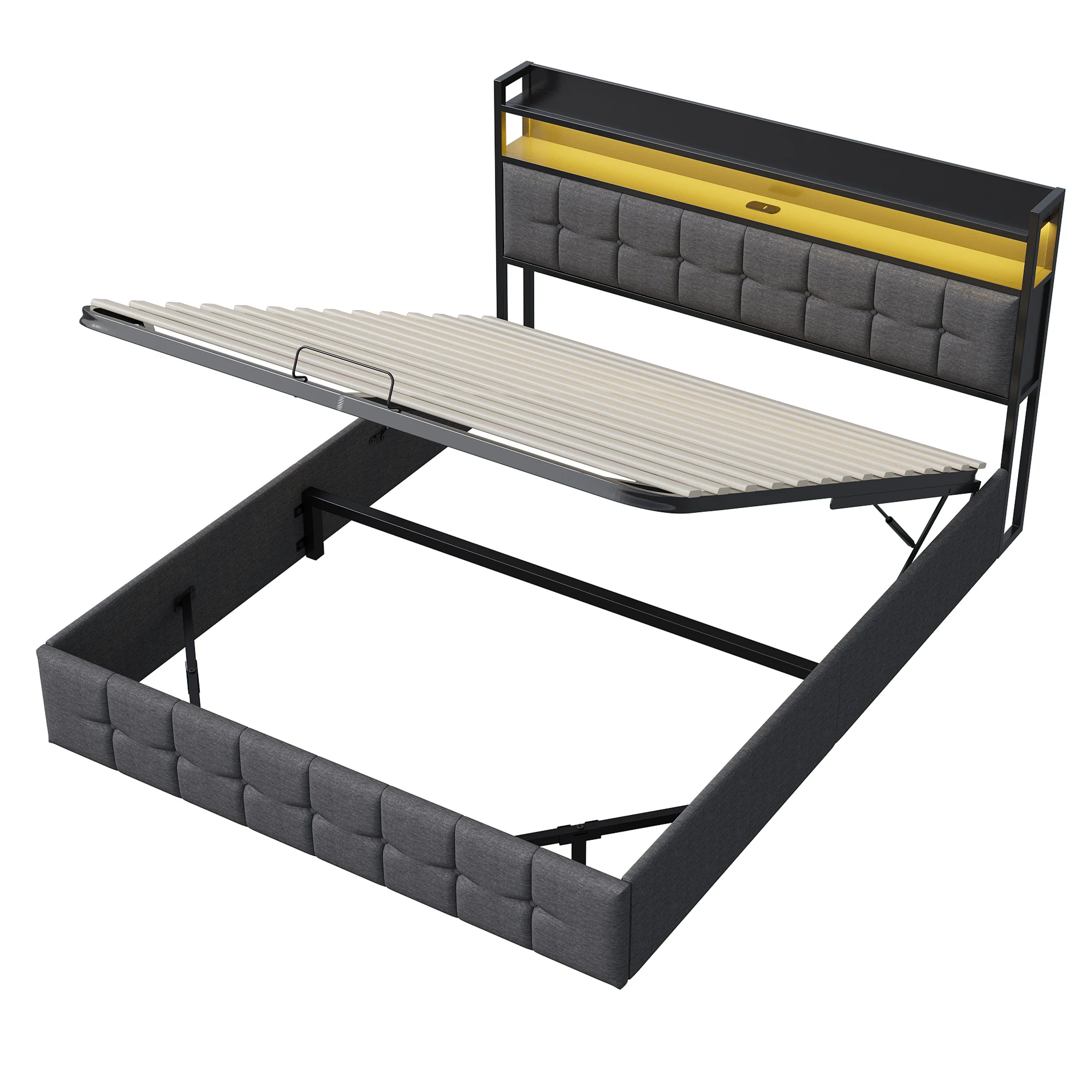 Superaly, 140 x 190 cm Doppelbett, Bett mit Stauraum und dekorativen Akzenten, hydraulisches Bett, multifunktionales Stauraumbett mit Regal-Kopfteil, großes Stauraumbett für das Hauptschlafzimmer,