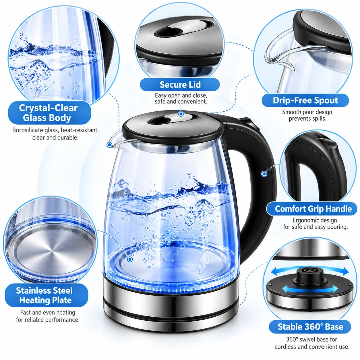 Electric Glass Kettle with Blue LED Light – 1.8L Fast Boiling & Keep Warm Function – 1000W Stainless Steel Heating Plate, Auto Shut-Off & Boil-Dry Protection for Home & Office