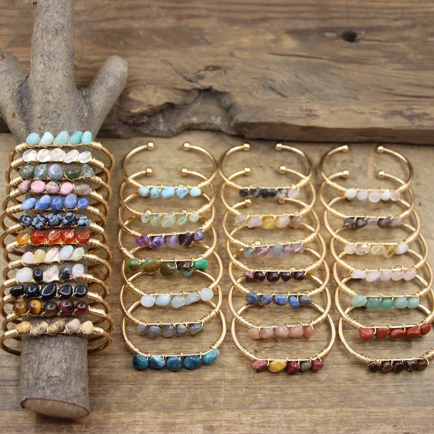 Naturstein offene Manschette Armreifen Heilung Kristall Messing Draht wickel Amethysten Amazonit